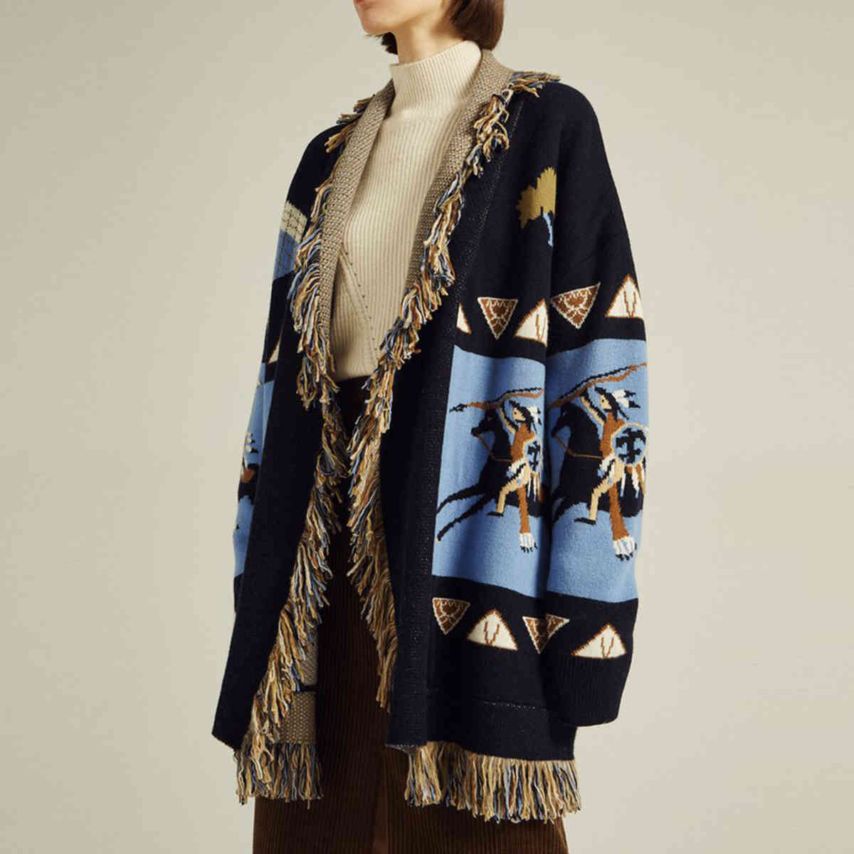 Jastie Winter Thick Knight Jacquard Women Cardigan Cashmere Sweater Tassel Lapel Long Sleeve Overcoat Warm Jacket Tops 210419