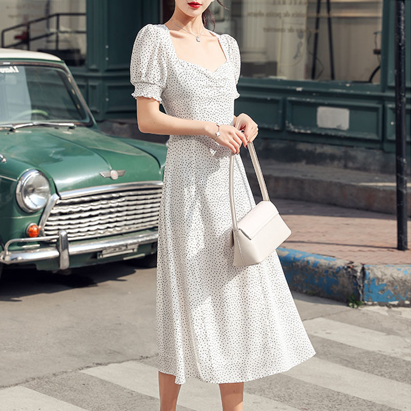 White Polka Dot High Waist Summer Dress Fashion Split Midi Long Elegant Woman Party Square Collar es 13278 210510
