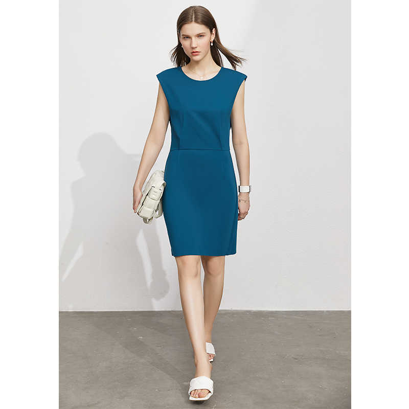 Minimalism Summer Dress For Women Offical Lady Solid Oneck Slim Fit Knee-length Causal Women's 12130201 210527