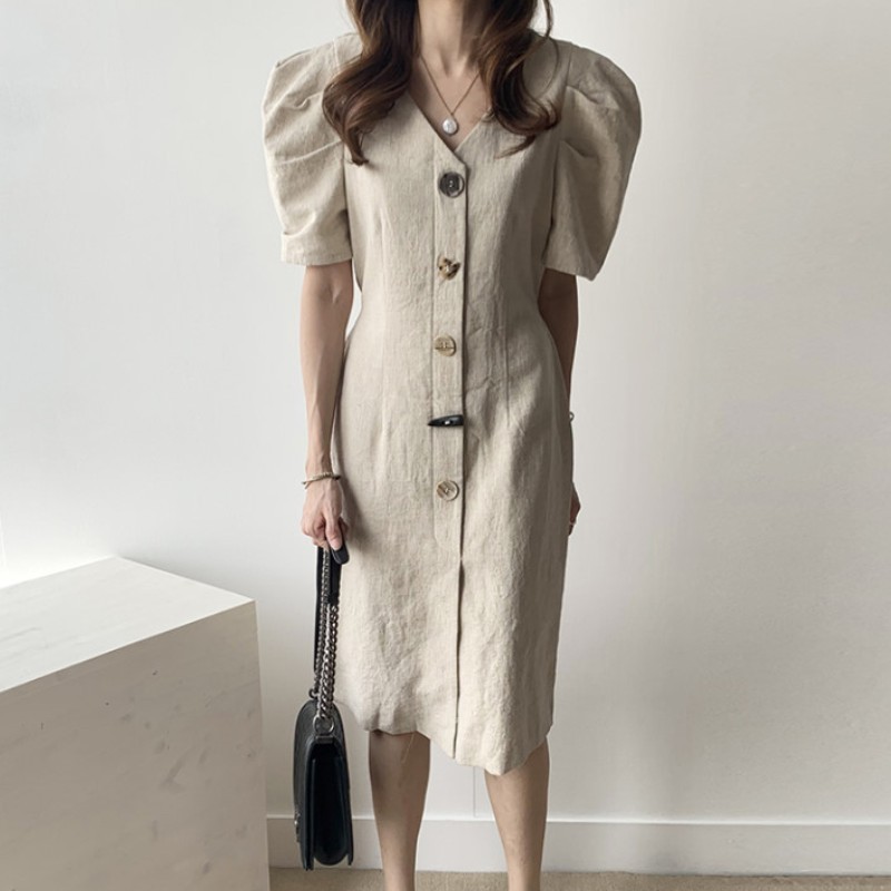 Summer Korean Elegant Temperament Cotton linen V-Neck Chic Single-Breasted Puff Sleeve Casual Party Dress Female 210518, Photo color
Summer Korean Elegant Temperament Cotton linen V-Neck Chic Single-Breasted Puff Sleeve Casual Party Dress Female 210518, Photo color