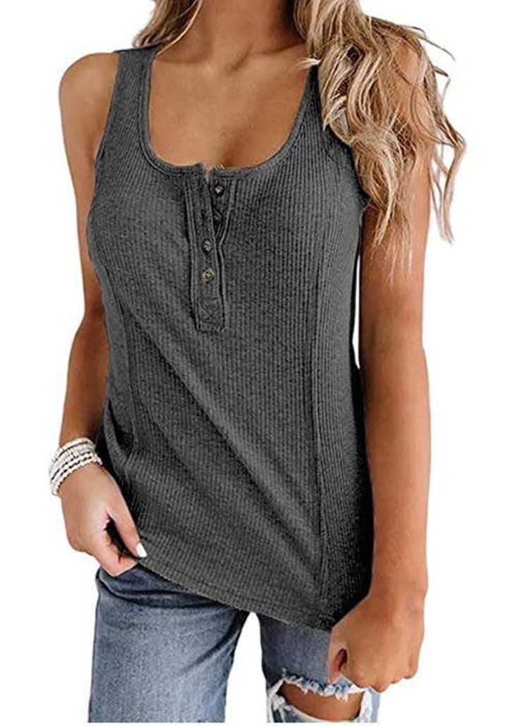 Sleeveless Tank Top Women Summer U-neck Button Woman Casual Ribbed Crop Sexy 90s Female Loose s for Streetwear Black 210604