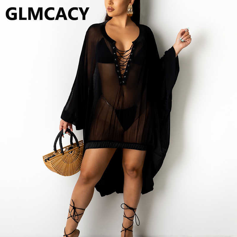 Batwing Sleeve Mesh See Through Loose Dress Sexy Summer Beach Cover Ups 210702