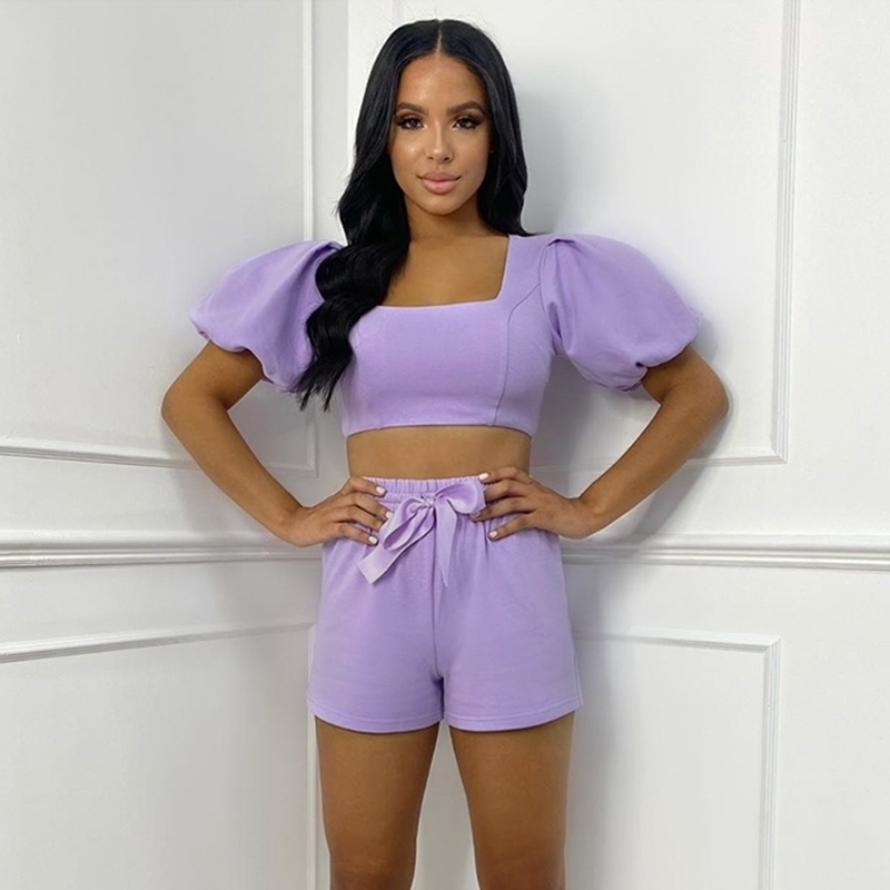 Asia Womens Loungewear Set Square Collar Short Puff Sleeve Crop Top Shorts Two Piece Set Summer Solid Color Casual Outfits 210707