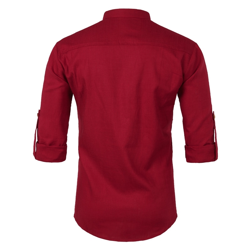 Black Cotton Linen Shirt Men Autumn Rolled Up Sleeve Mens Casual Dress Shirts Slim Fit Henley Shirt Male Chemise Homme 210708