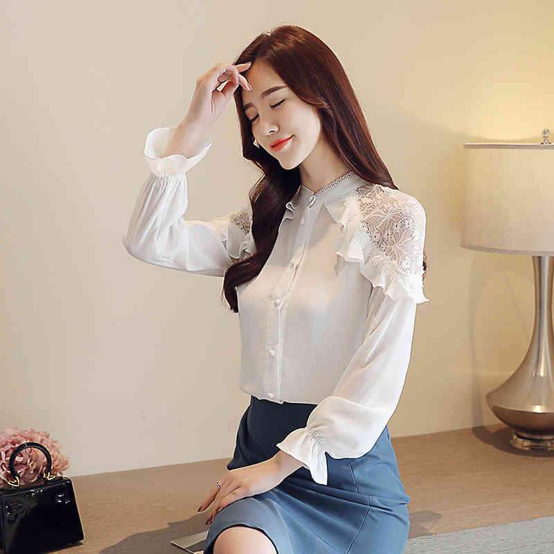 Korean Office Lady Lace Tops White Loose Blouse Solid Stand Collar Chiffon Women Spring Long Sleeve Shirt 7959 50 210506