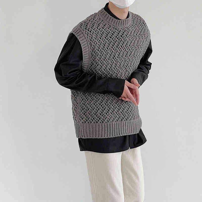 IEFB Knitted Vest Men's Round Neck Handsome Sweater Vest Korean Trend Grey Streetwear Male Clothing Fashion 9Y7574 210524
