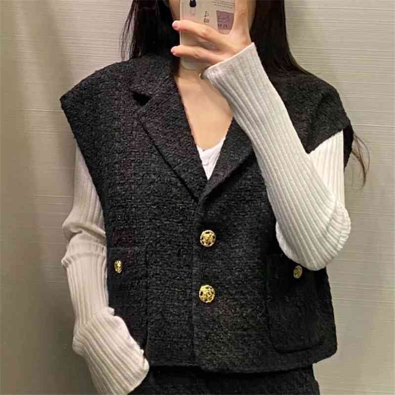Elegant Women Block Tweed Notched Collar Blazers Fashion Ladies Button Jackets Streetwear Female Chic Pocket Coats 210430