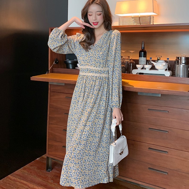 Spring Elegant Chiffon Dress for Women V-Neck Floral Print Female Long Sleeve A-line Midi Robe Vestidos 210519