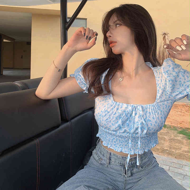 Chic Korean Sweet Summer Sexy Square Neck Puff Short Sleeve Floral Crop Tops Shirts & Blouses Blusas Mujer Fashion Gentle 210429