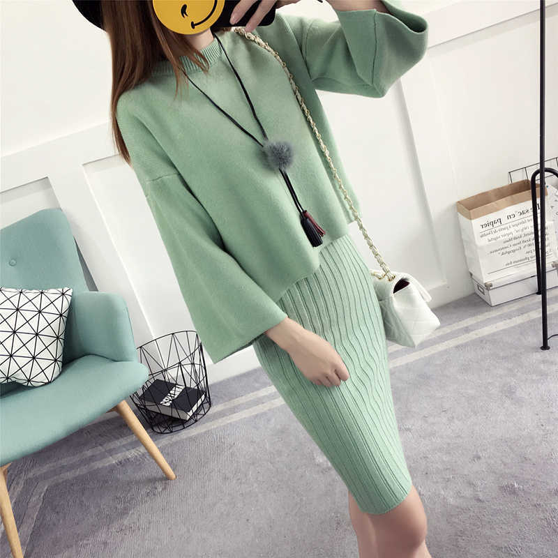 Ly Varey Lin Autumn Winter Womans Sweater + Straped Mini Dress Sets Solid Color Casual Loose Knitted Two-pieces Suits 210526