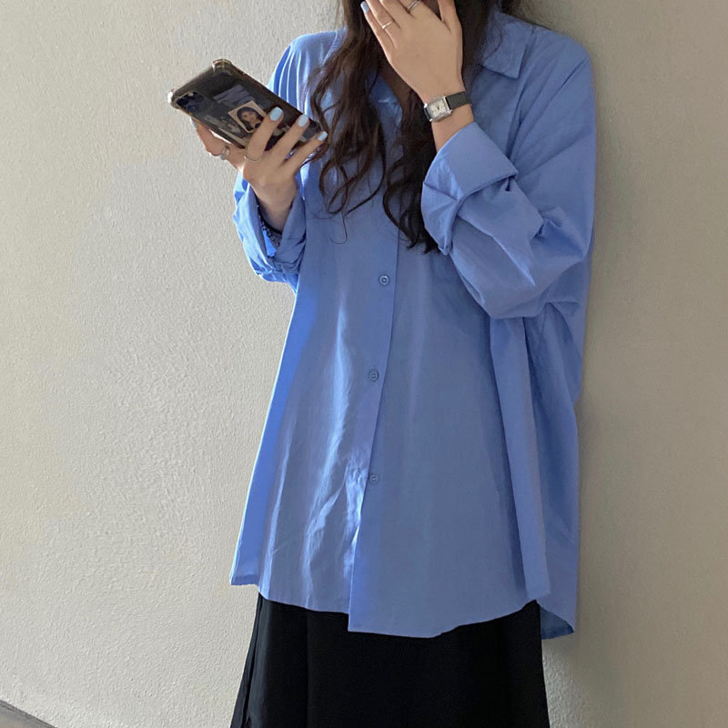 Autumn Brief Oversize Shirts All Match Thin Chic Lazy Style Elegance Office Lady Sunscreen Stylish Blouses 210421