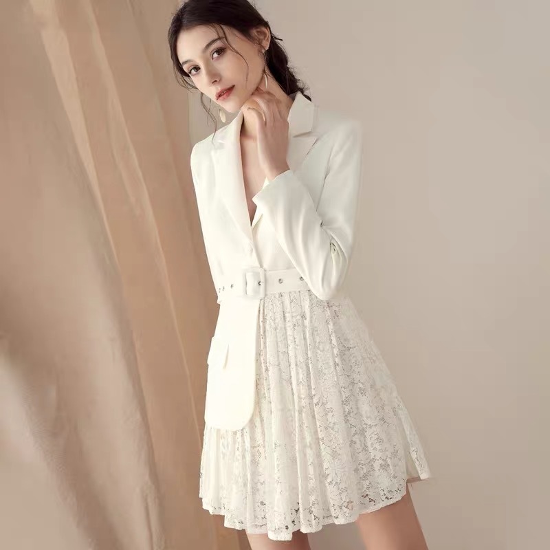 Spring Long Sleeve Fashion OL Style Suit Stitching Patchwork Lace Belt Women Party Mini Dress White vestido de mujer 210421
