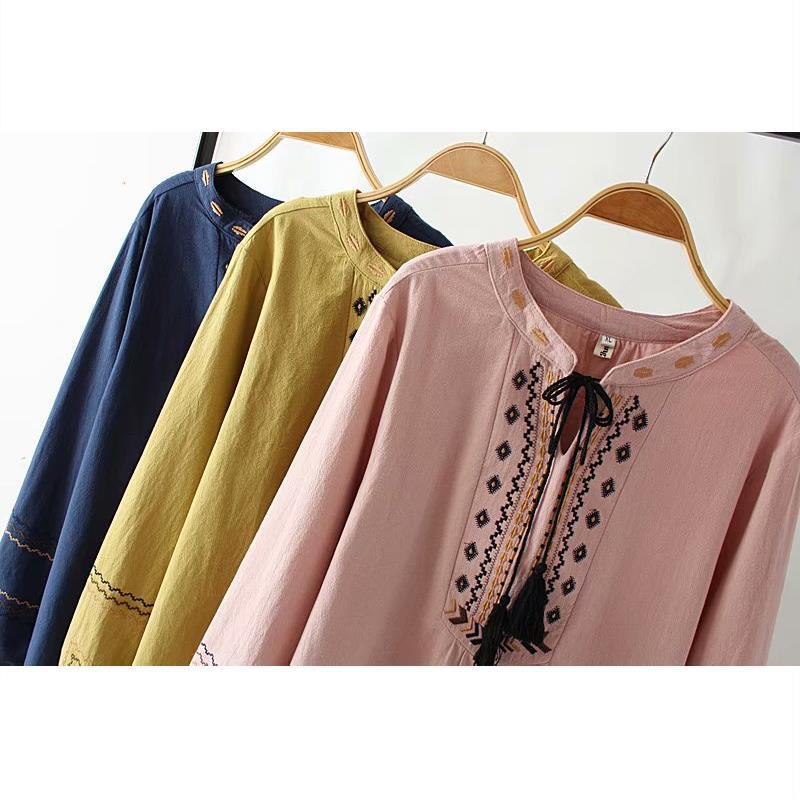 Spring Autumn Arts Style Women Long Sleeve Loose Shirts Embroidery V-neck Cotton Linen Blouse Vintage Top Plus Size D443 210512
