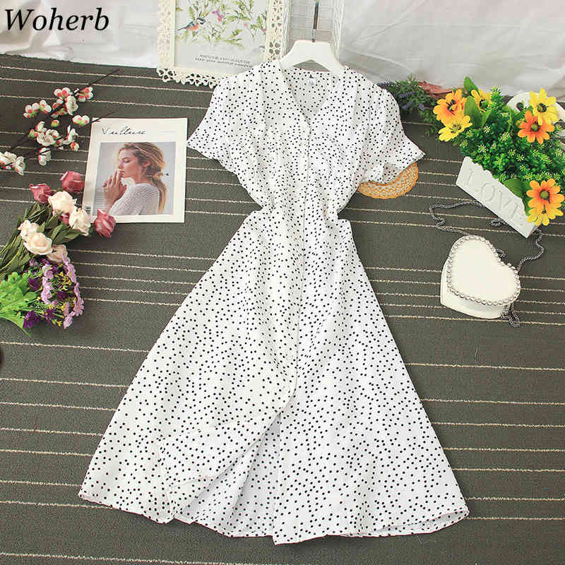 Women Dress Summer Korean Clothes Print Polka Dot Single Breasted Vestidos High Waist V-neck Big Swing Dresses 92523 210519
