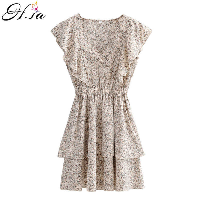H.SA Women Ruffles Summer Dresses Sleeveless Elastic High Waist Floral Pleated Vestidos Cascading Ruffles Mini Dress Robe 210716