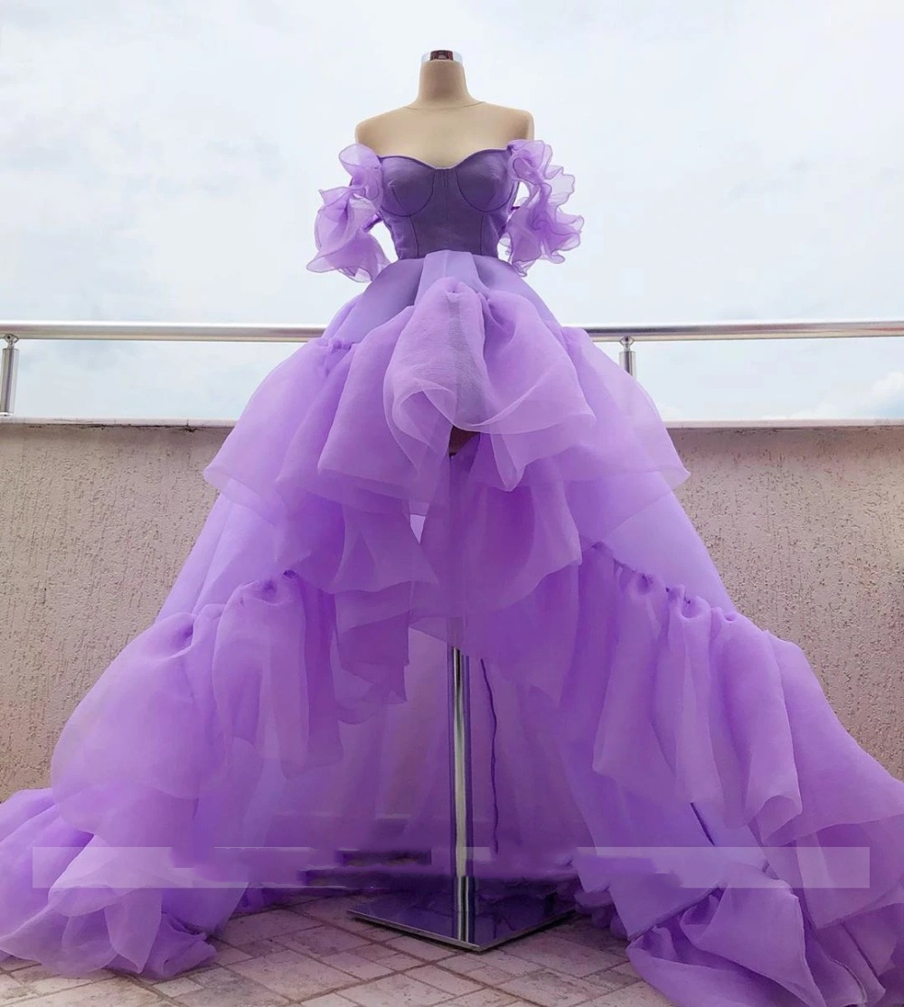 Lilac High Low Prom Dresses Long Back Purple Organza Ruffles Sweetheart Formal Party Evening Wear for Women 2021 Pageant Graduation Robes De Soriee Sw