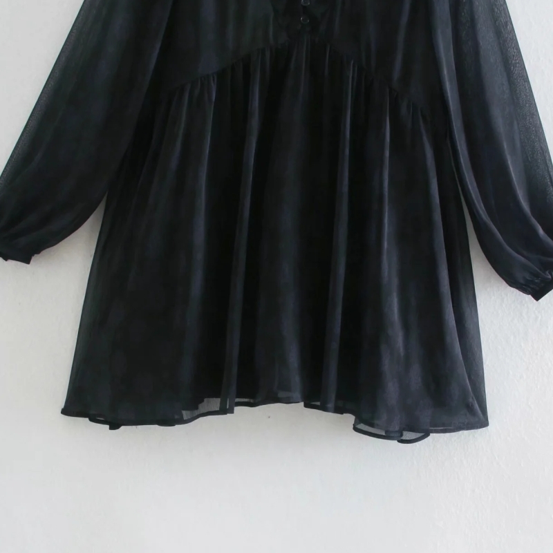 Women Flower Printing Chiffon Black Mini Dress Casual Female Long Sleeve Clothes Lady Loose Vestido D6929 210430
