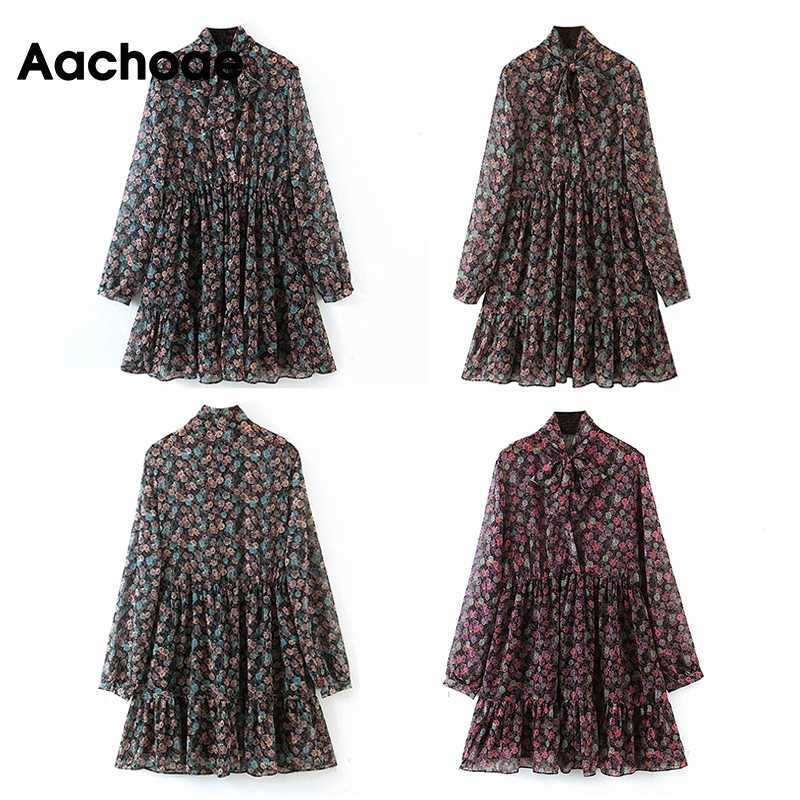 Aachoae Women's Floral Dress Bow Tie Neck Vintage Pleated See Through Sleeve Print Mini Casual Sundress Vestidos 210623