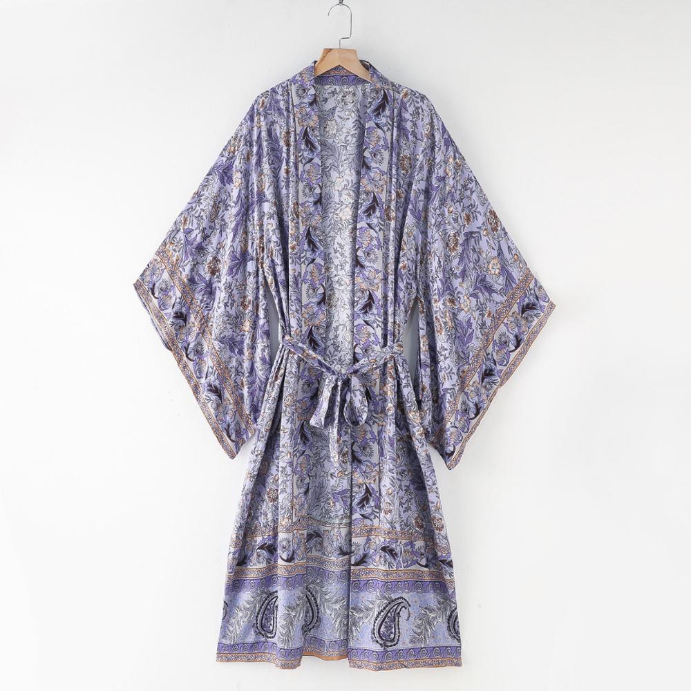 Autumn BOHO Location Floral Print Long Kimono Shirt Pink Hippie Women Tie Bow Sashes Cardigan Loose Blouse Tops Holiday 210429