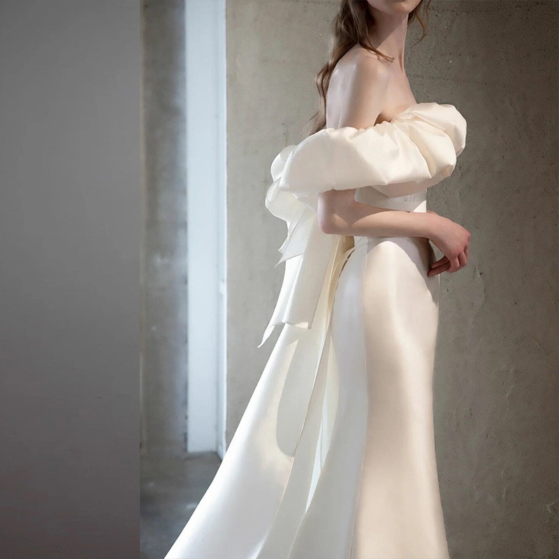 Modern Wedding Dress With Bateau Off Shouder Bridal Gown Custom Made Satin Floor Length Robes De Marie