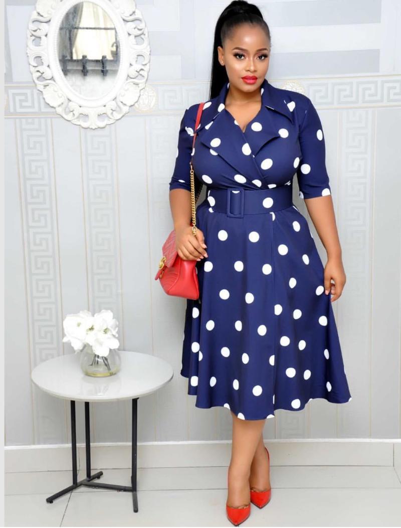 Women's Dress Suit Collar Wave Point Middle Sleeve Stitching Large Swing Wide Belt Two Piece