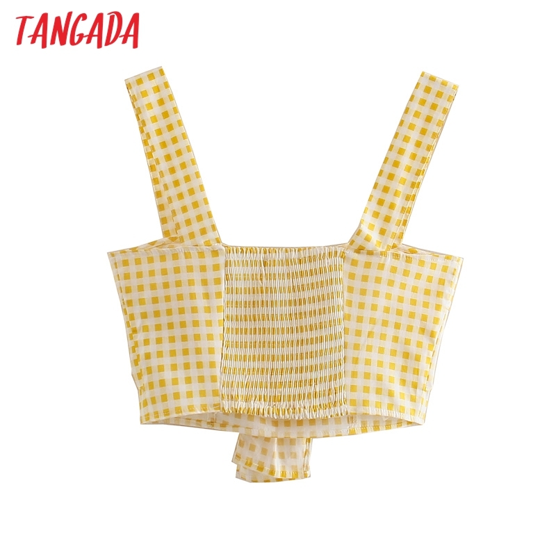 Women Yellow Plaid Bralette Camis Crop Top Strap Sleeveless Backless Short Shirts Female Tops 4N8 210416