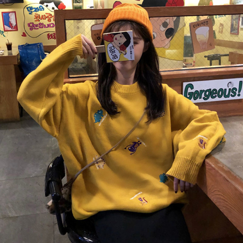 Autumn and Winter Fashion Women Sweaters Loose Pullovers Embroidery Sweater Long Sleeve O-neck Knitted Sweater 6028 50 210518