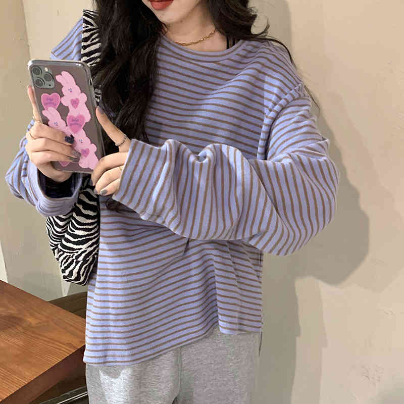 2 colors autumn winter korean style Women Sweatshirts Long Sleeve letter stripe thick Sweatshirt Womens pullovers (C2936) 210423