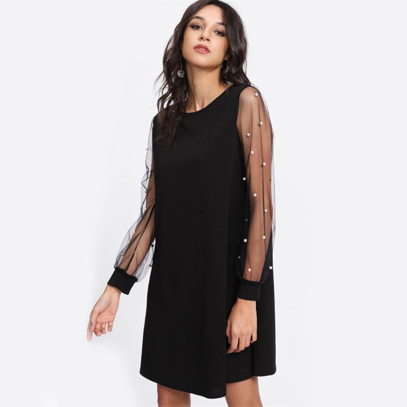 Women Fashion Puff Sleeve Mesh Beaded Slim Long Solid Colors Dress Sexy Elegant Evening Party Club Vestidos#g3 Casual Dresses