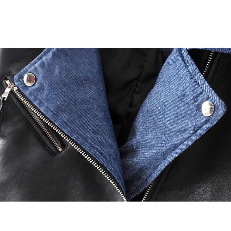 Women's Stylish PU Leather Jacket: Long Sleeve Windproof Black Denim Ing Hem Coat