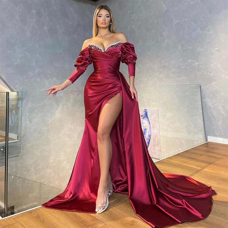 Sexy Burgundy Mermaid Satin Evening Dresses Side High Slit Long Off Shoulder 3/4 Puff Sleeves Pearls Sequin Beads Women Formal Party Dress Special Occ