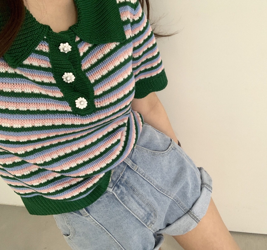 Summer Striped Knitted Sweater Knitwear Women Short Sleeve Turn-down Collar Buttons Pullover Tops Korean Vintage Fashion Jumpers 210514
