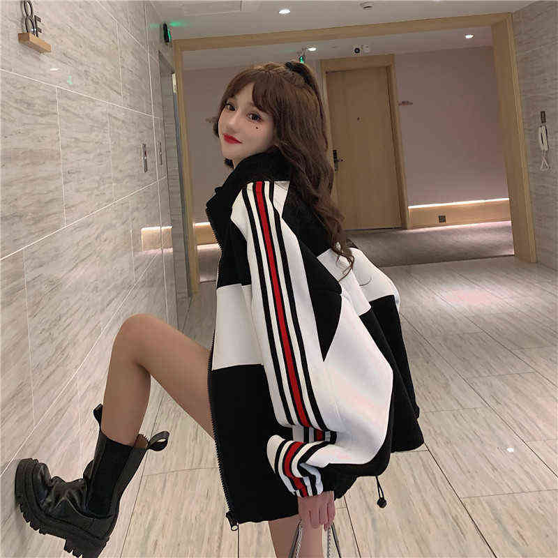 Raglan Sleeve Sweatshirt With Pocket loose plus velvet Hoodies Poleron Mujer Zip Up Hoodie For Women Contrast Color Student tops 211109