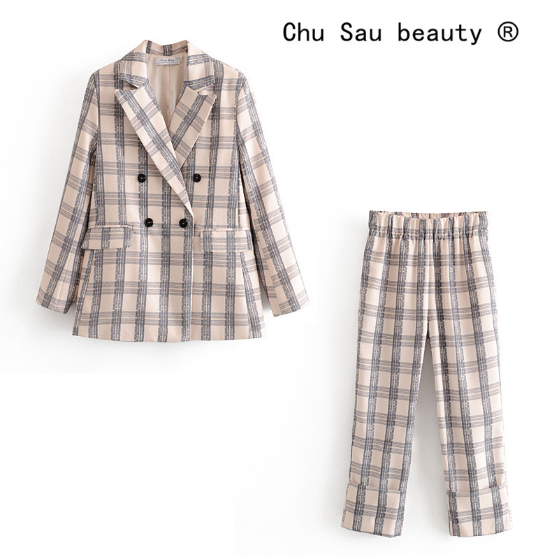 beauty Fashion Plaid Women Blazer Suits Office Ladies Two-piece Sets Long Sleeve double Breasted Pants Set 210514