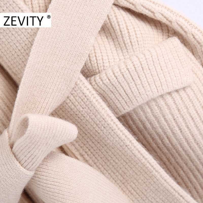 Zevity Women Fashion Turn Down Collar Pockets Patch Sashes Knitting Sweater Female Chic Sleeveless Open Stitching Vest Tops S458 210603
