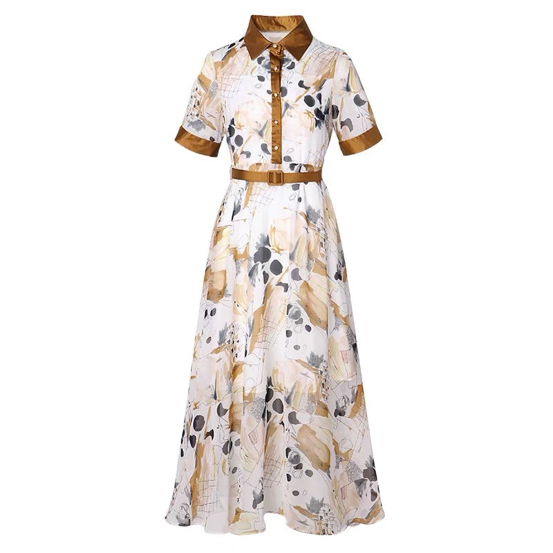 elegant turn down collar summer short sleeve high waist dress for women fashion printed single breasted A-line robe z 210421