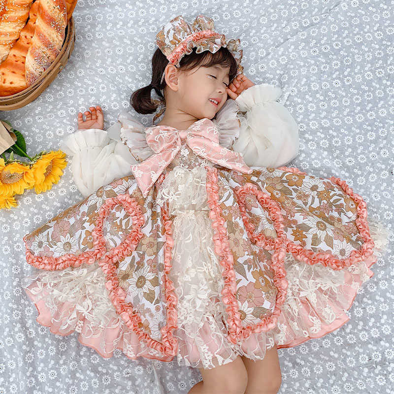 Vinage Kids Girls Spanish Lotia Dresses with Headwear Children Long Sleeve Spain Tulle Ball Gowns Cotton Liner Clothes 210615