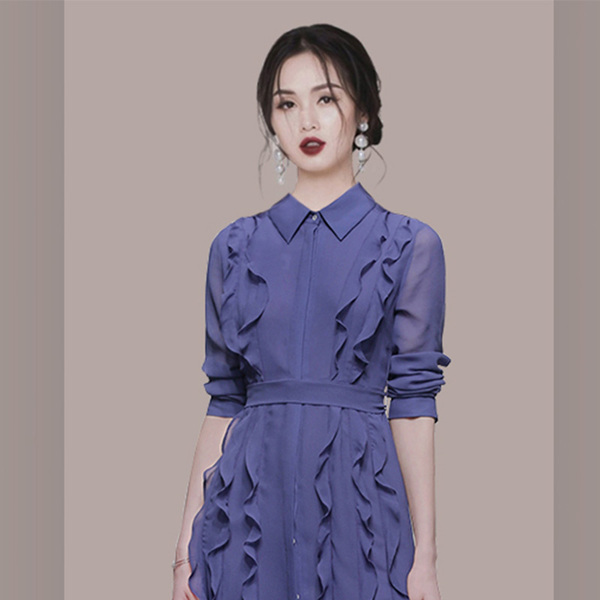 Autumn Elegant Chiffon Dress Women Long Sleeve Single-Breasted Layers Ruffles Shirt Female Party Robe 210519