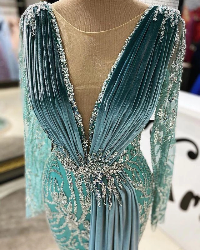 Veet Mermaid Arabic Prom Dresses Beading Sequined Pleats Long Sleeve Formal Evening Gowns Robe De Soiree