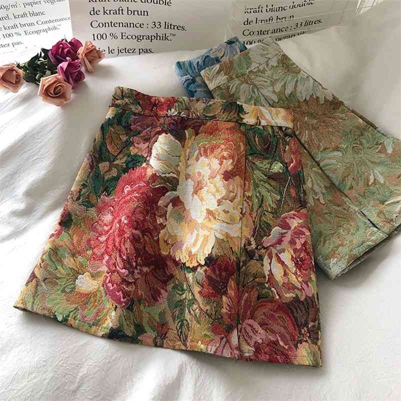 Autumn Korean-Style Elegant Temperament Painted Flowers High Waist Skirt Slim A- Line 210621