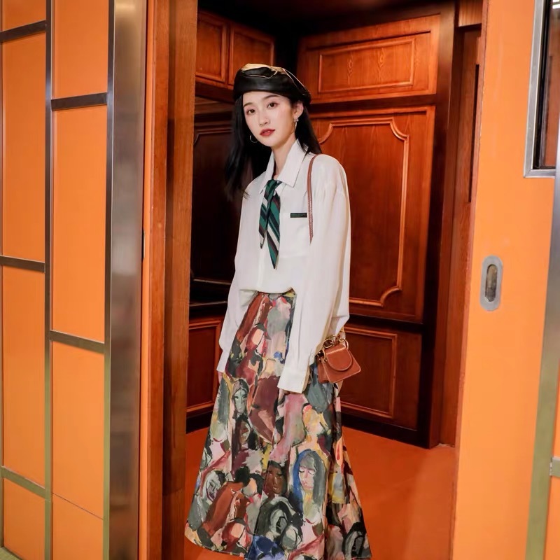 Vintage Painting Print Long Skirts Womens Impressionism High Waist A Line Ladies Midi Sping Summer Clothing 210421