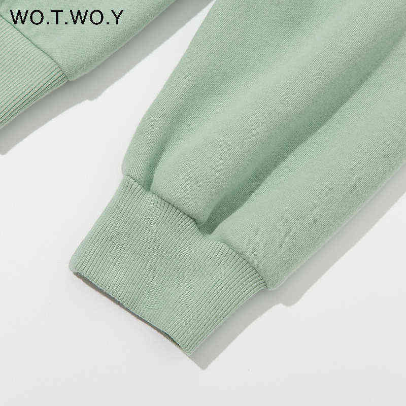 WOTWOY Autumn Winter Fur-Liner Oversized Sweatshirt Women Casual Thickening Fleece Pullovers Female Soft Warm Green Tops 211109