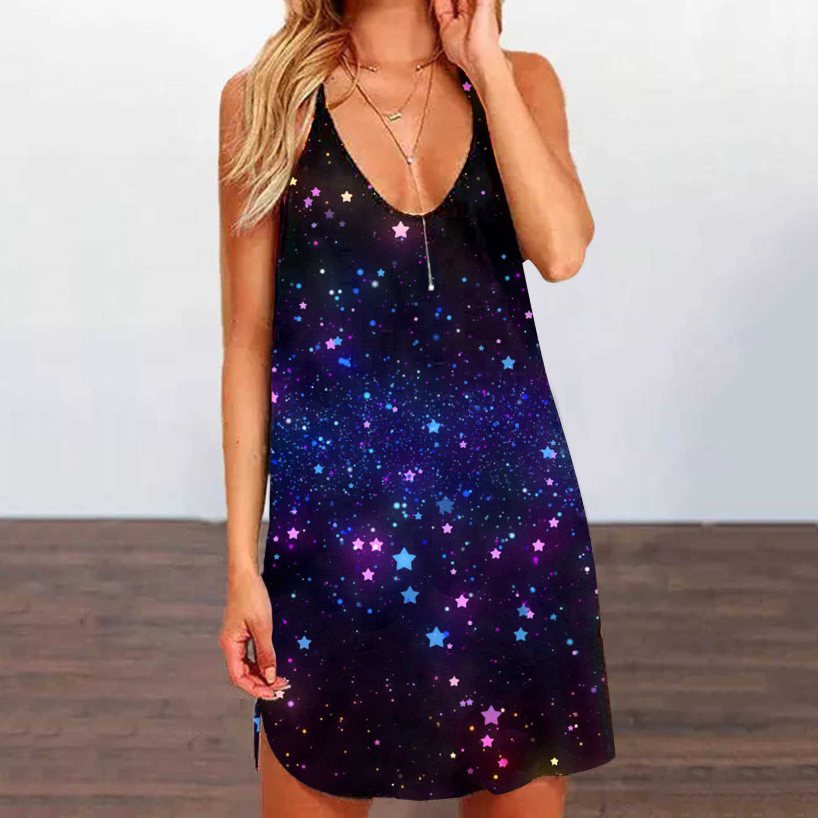 Sexy Halter V Neck Sleeveless Star Sky Print Tank Dress Women Summer Casual Loose Hollow Out Backless A-line Mini Big Size 210526