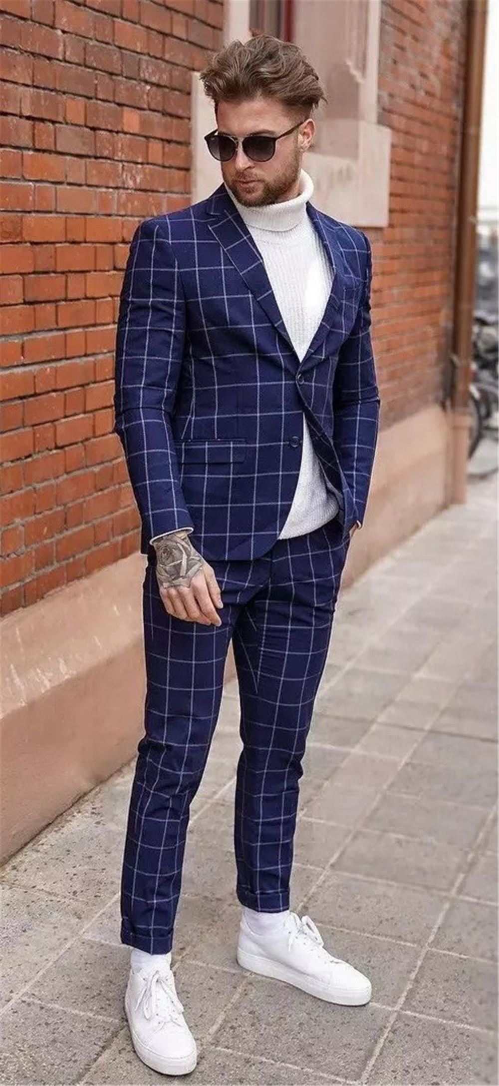 Handsome Navy Check Customized Mens Wedding Tuxedos Slim Fit Plaid Groom Wear Dinner Prom Party Blazer 2 Pieces (Jacket+Pants)