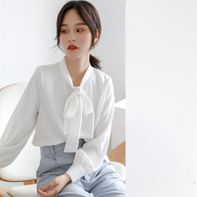 OL Elegant White Basic Shirt Autumn Career V-neck Long-sleeved Loose Chiffon Blouses Plus Size Women Clothing 210421