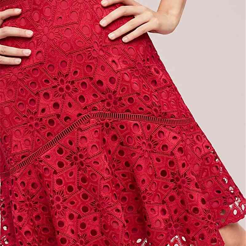 Summer Lace Patchwork Red Dress Women Sexy V-Neck Work Casual Party Slim Dresses Vintage Vestidos 210520