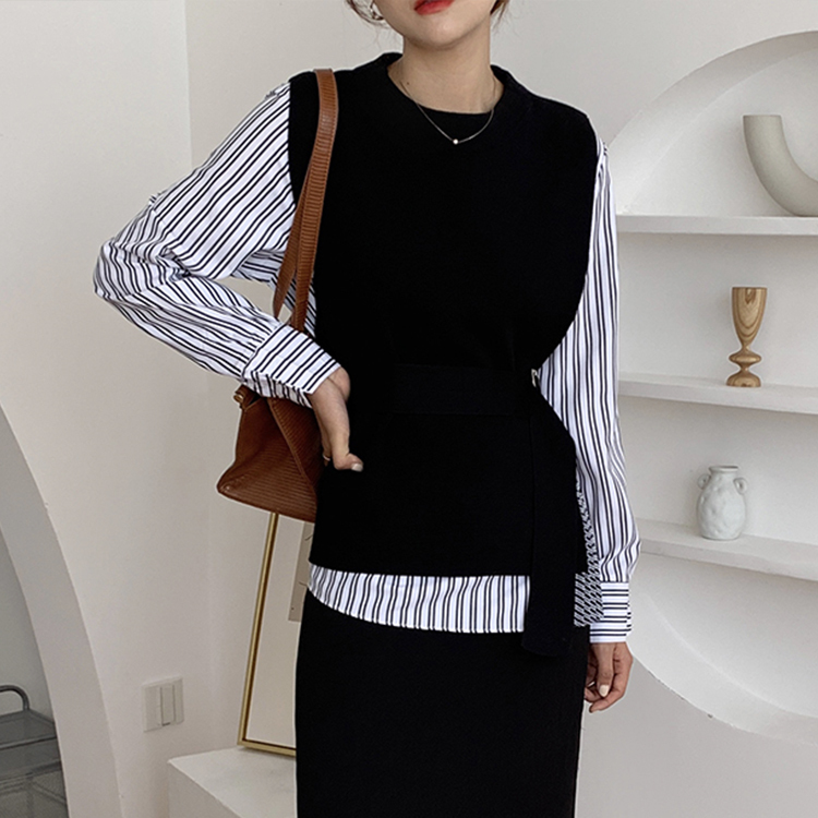 Nomikuma Korea Women 2piece Blouse Sets Striped Long Sleeve Blouses Shirt + Lace Up Slim Waist O-neck Knitted Vest Suits 6C890 210427