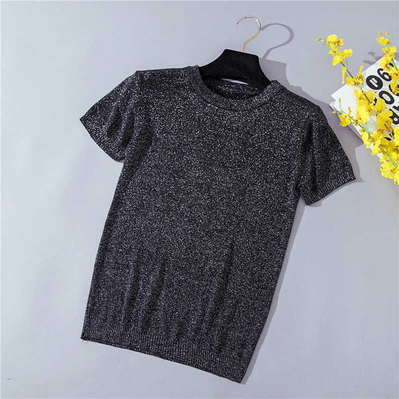 Thin Bright Silk T-Shirt Female Knitted T Women Clothes Short Sleeve Summer Tops Elasticity Tee Femme Camisas Mujer 210615Z
