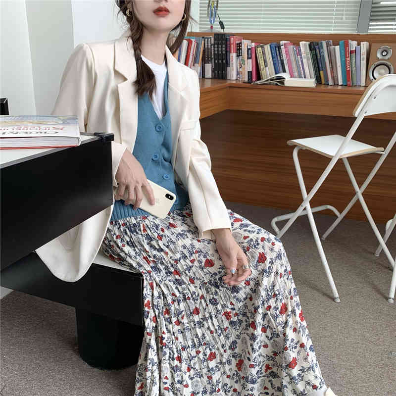 Flowers Gentle Vintage All Match OL Pleated Elegance Retro Printed High Street Women Florals Waist Long Skirts 210421