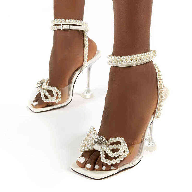 2022 NEW Sandals Women Shoes Spike Heel Open Toe Pearl Butterfly-Knot Clear Transparent High Heels Ankle Strap Buckle Pumps Y220209